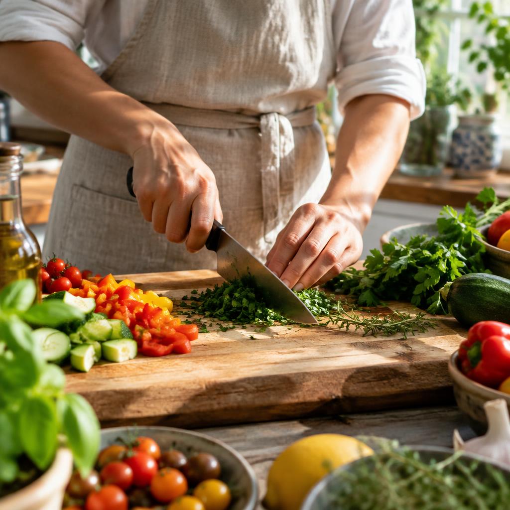 Hands carefully preparing seasonal vegetables and fresh herbs