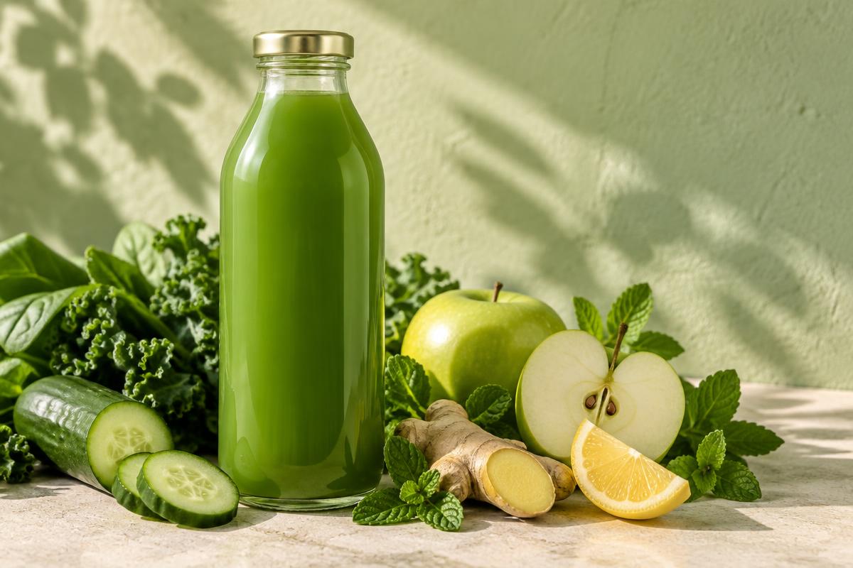 Illustrative photograph: an unlabeled bottle of green juice with cucumber, green apple, leafy greens, citrus, ginger and mint