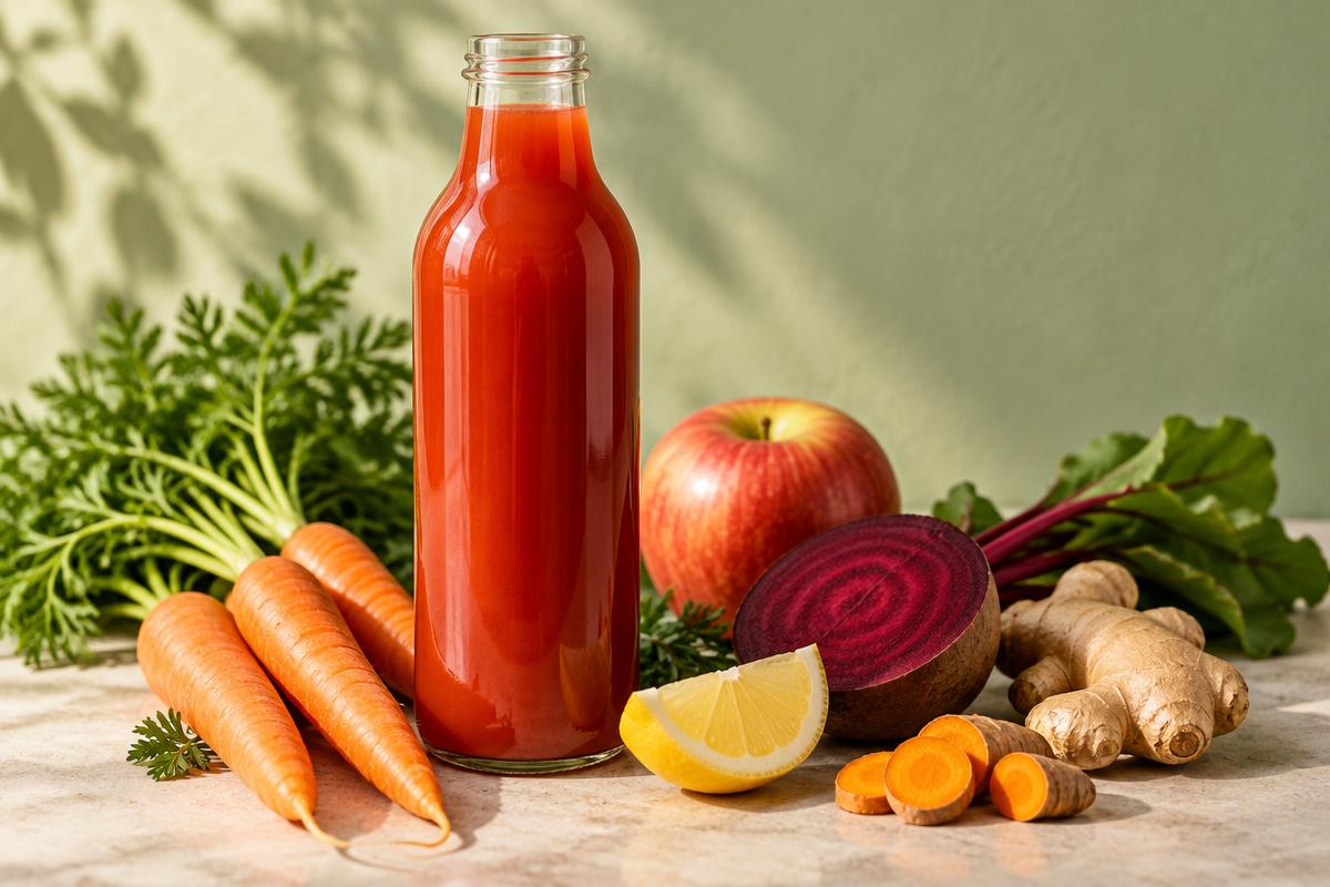 Illustrative photograph: an unlabeled bottle of reddish-orange juice with carrot, apple, beet, citrus, ginger and turmeric
