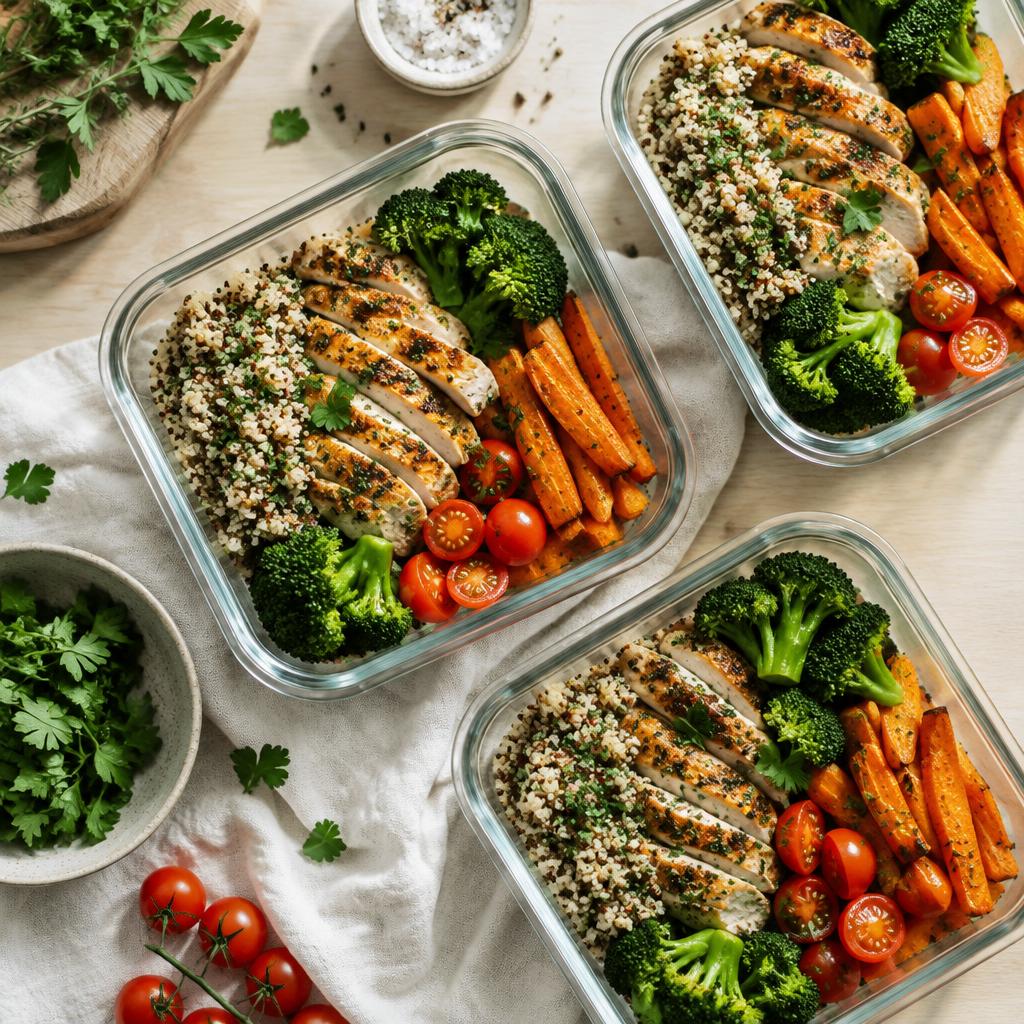 Freshly prepared chicken, quinoa and seasonal vegetables in glass meal containers
