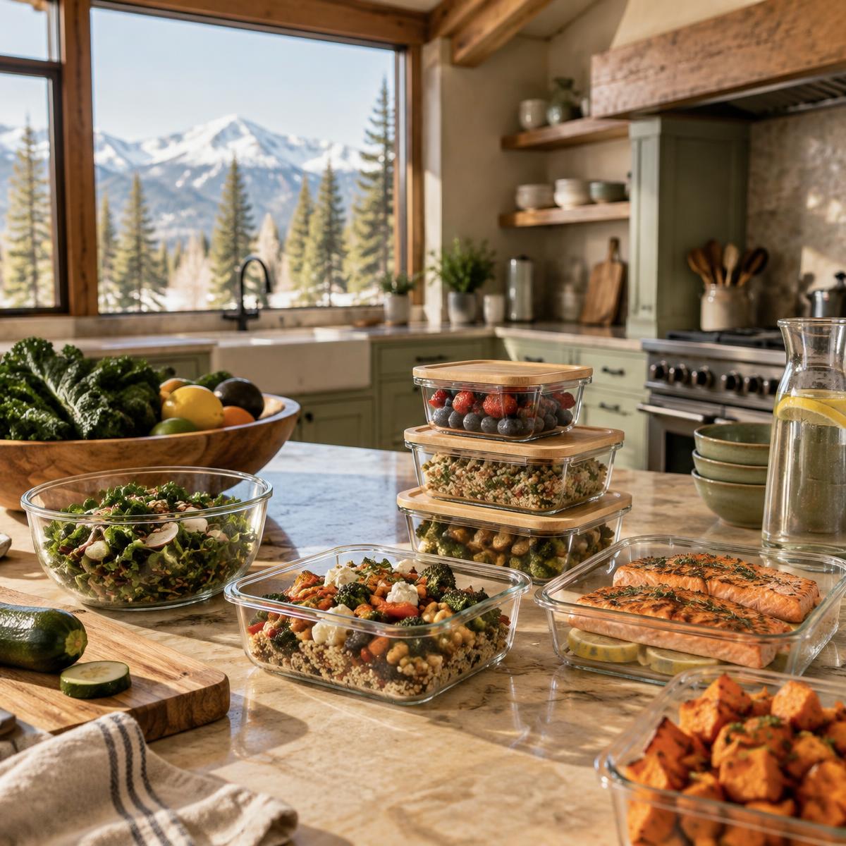Freshly prepared meals in clear glass containers arranged on a kitchen counter in a bright mountain vacation home
